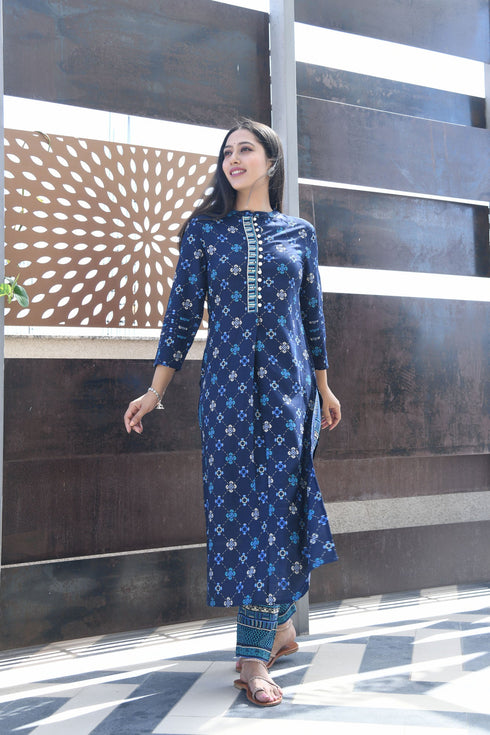 AAHELI BLUE PRINTED HANDWORK KURTA WITH PANT SET AAHELI BLUE PRINTED HANDWORK KURTA WITH PANT SET